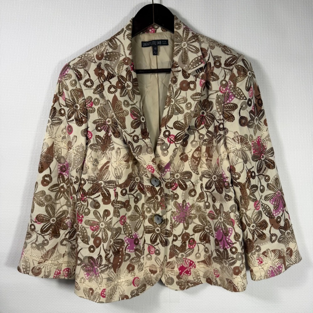 Lafayette 148 New York Floral Brocade Blazer Brown Pink Metallic Gold Size 10
